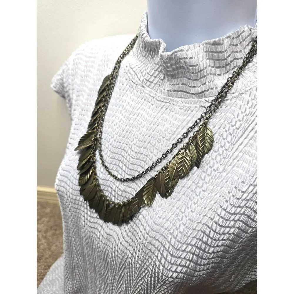Two Layer Chain & Leaves Necklace Bronze Tone Metal Retired